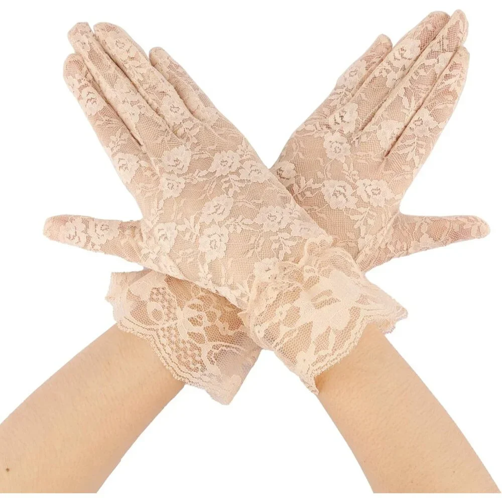 Women Beige Short Tea Wedding Bridal Fashion Opera Halloween Cosplay Lace Gloves - Picture 2 of 7